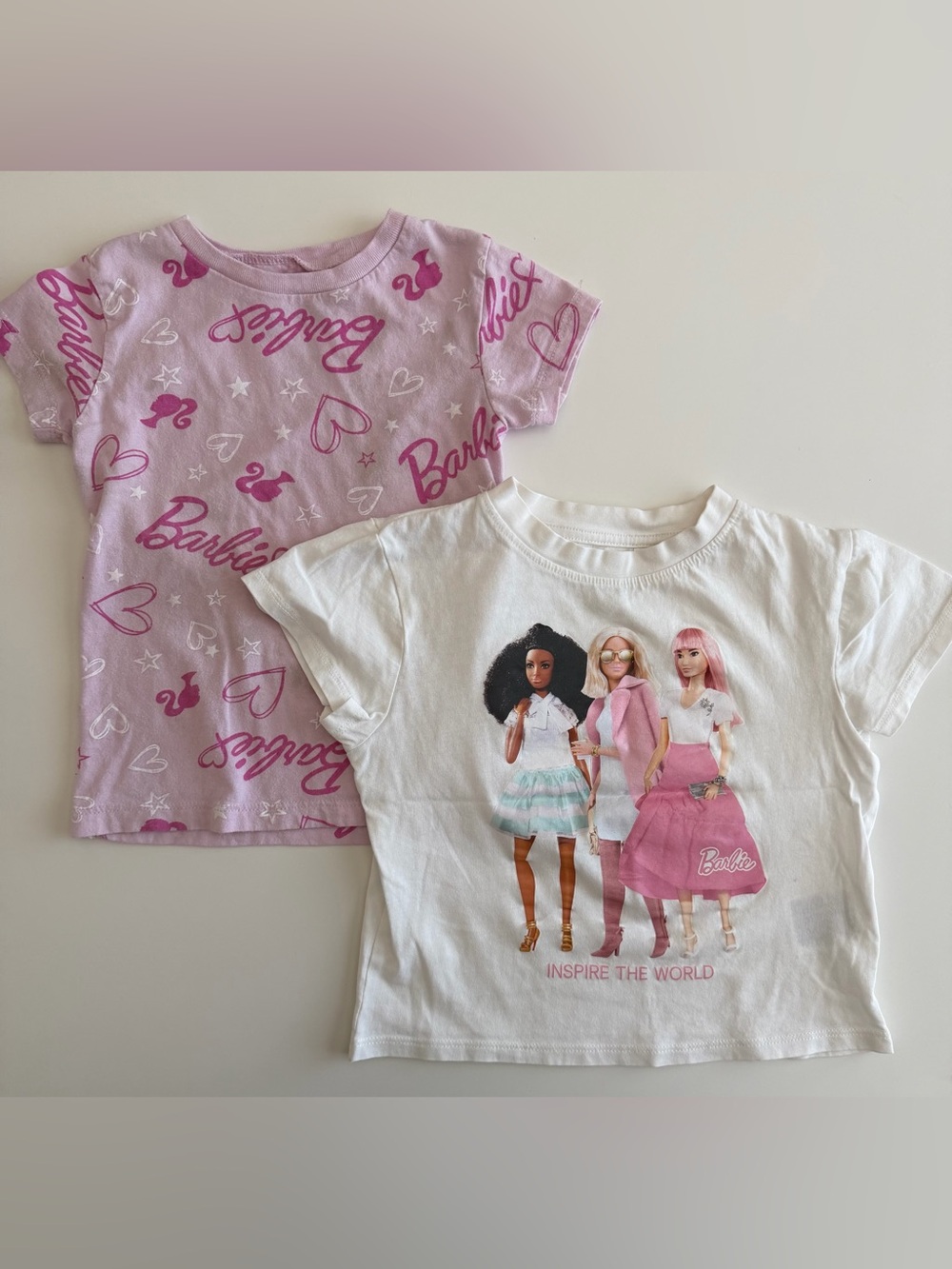 Barbie Bundle Girls 3T Short Sleeve Tees. H&M white tee, Barbie pink hearts tee